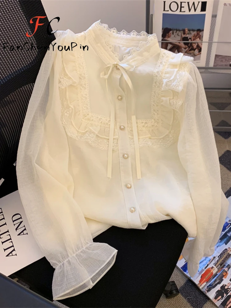 Spring Summer New Women's Shirts 2024 Fashion Sweet Standing Neck Lace Chiffon Cardigan Harem Korean Office Lady Rules Blouse