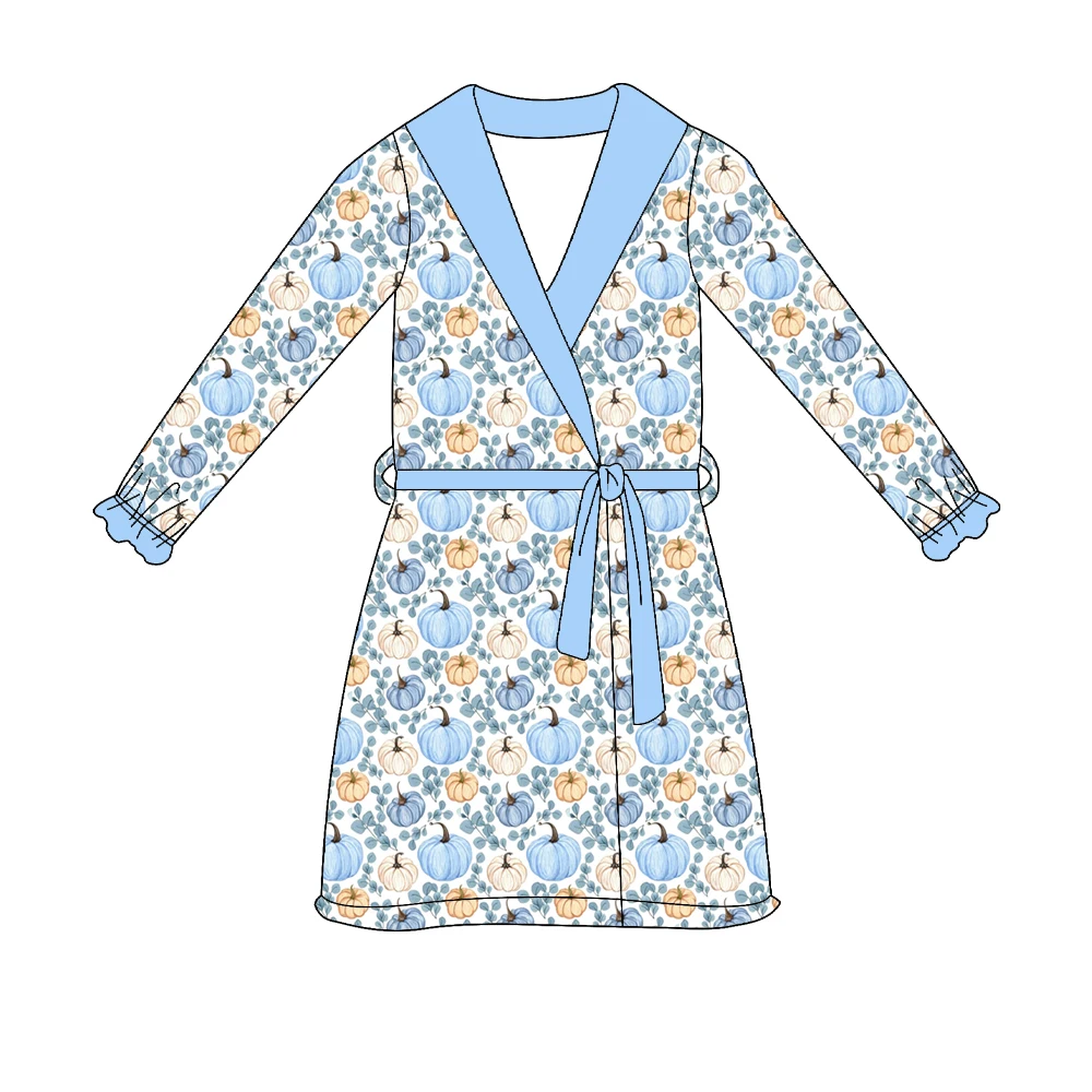 Thanksgiving Long Sleeve Bow Trousers Girls Boys Long Sleeve Lapel Set Boutique Children's Set Blue Pumpkin Leaf Print Clothing