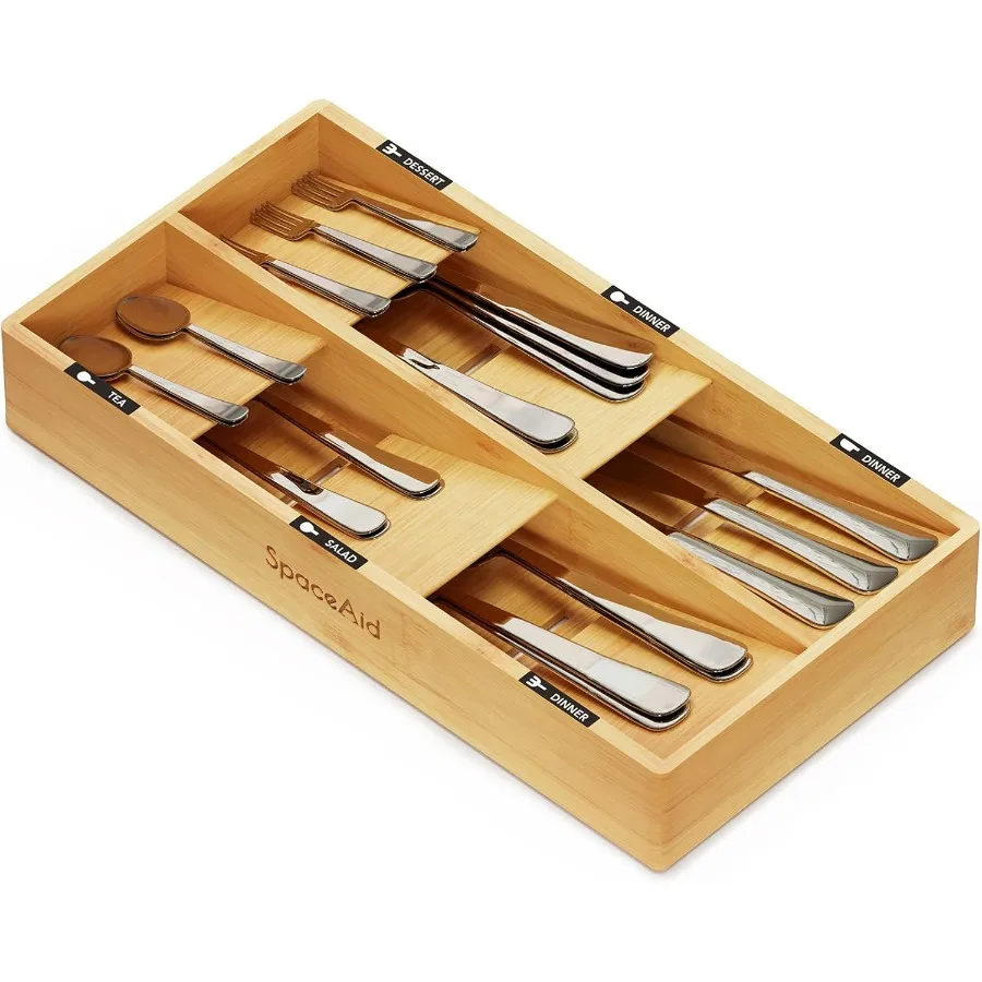 

Bamboo Silverware Drawer Organizer with Labels Kitchen Utensil Tray Holder Organizer for Flatware Cutlery Spoon and Knives Draw