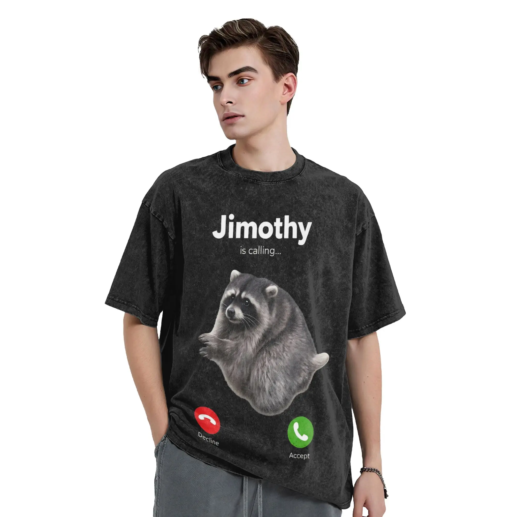 Washed T Shirt Jimothy Raccoon Calling Hip Hop Vintage T-Shirt Street  Streetwear 100% Cotton Summer Tops Tees Men Women