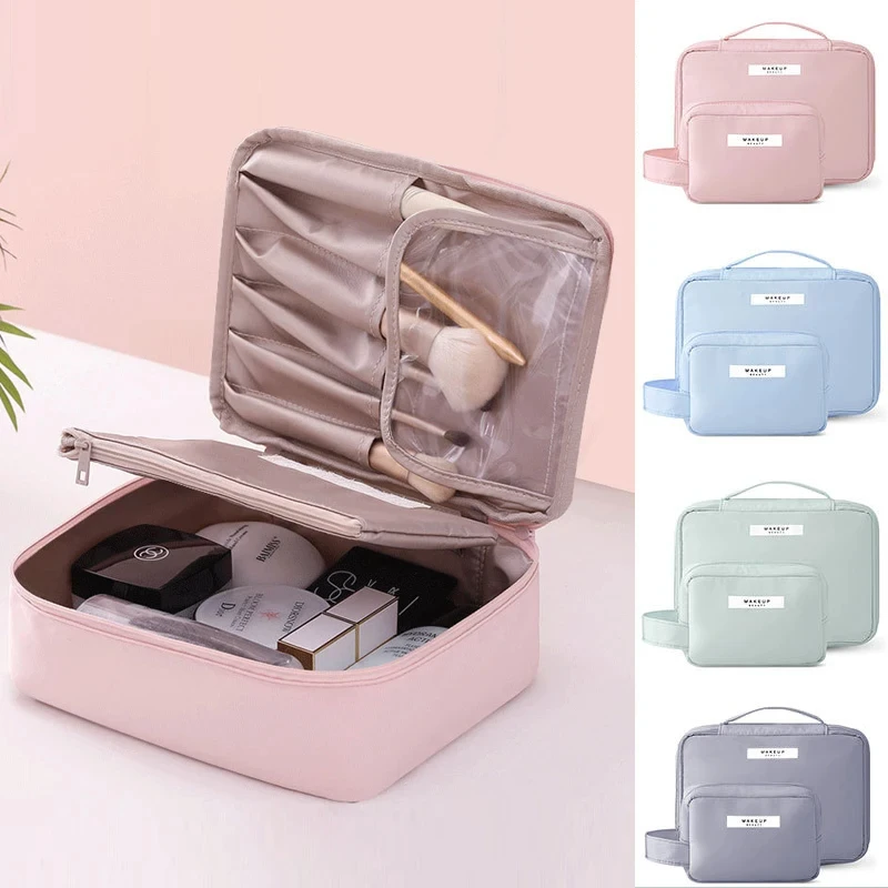 حقيبة سفر محمولة ذات سعة كبيرة، حقيبة مكياج مقاومة للماء، منظم تخزين مستحضرات التجميل، حقيبة غسيل تجميل