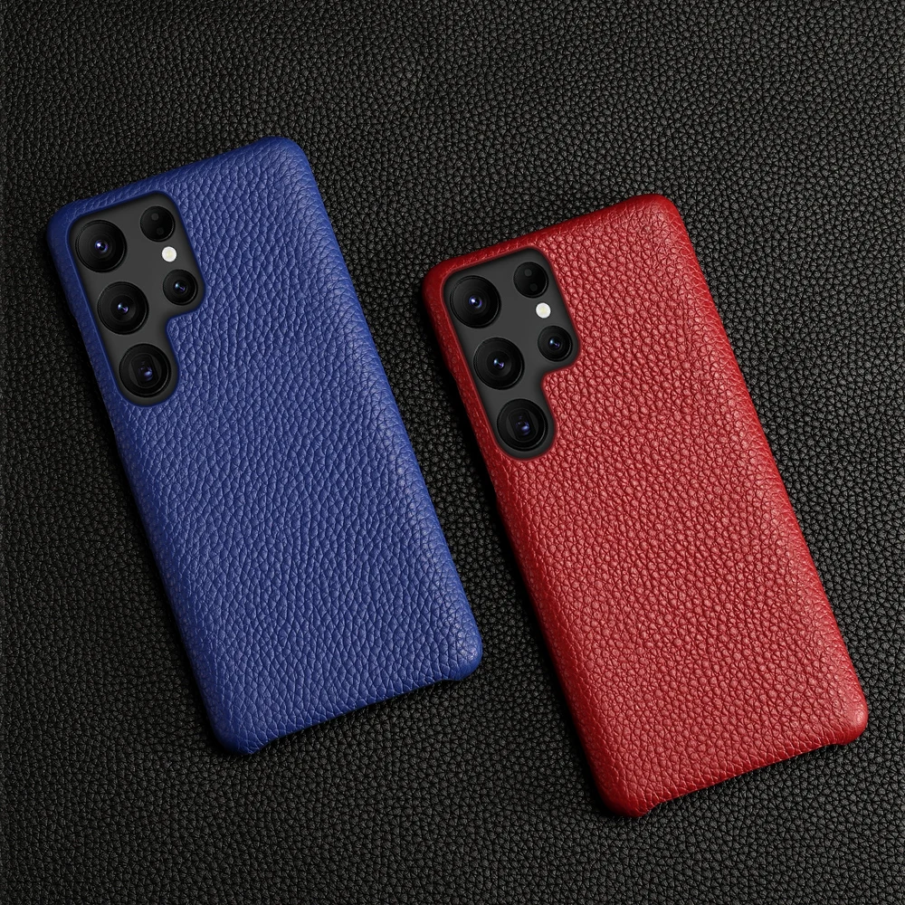 Genuine Cowhide Leather Phone Case for Samsung Galaxy S24 Ultra S23 FE S22 Plus S21 Litchi Grain Half-Wrapped Armor Back Cvoer