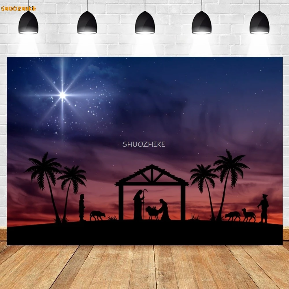 Religious Christmas Manger Scene Backdrop Holy Family Nativity Birth of Jesus Sign Christmas Party Decor Photography Background