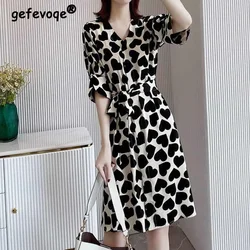 Elegant Fashion Love Heart Printing Belt Dresses Summer 2023 New Short Puff Sleeve V-Neck Slim Tunic Midi Dress Women's Clothing