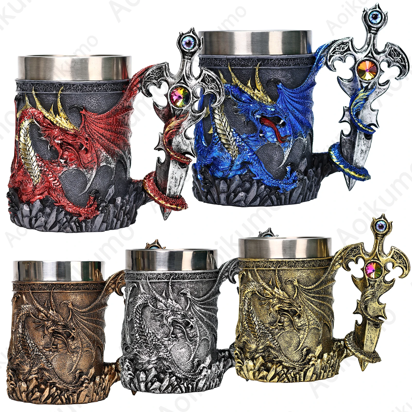 2024 New Flying Dragon Cross Sword Tankard 304 Stainless Steel Inner Holy Grail-Sea Blade Beer Tea Coffee Mug Stein Cup 500 ml