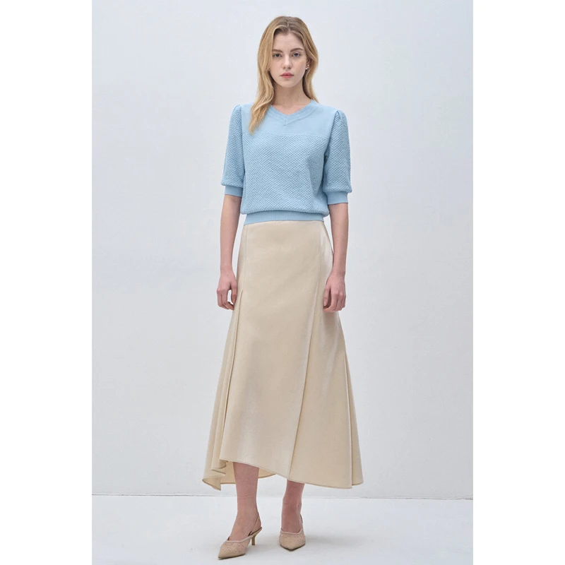 

Ele Simple Summer Knitwear V-ne Wave Lace Mid-sve Thin Women's Two Colors Commute Sle Loose Fit Pure Color
