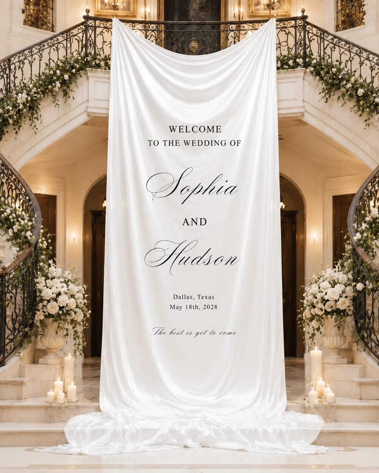 Personalized Wedding Welcome Banner Custom Names Date Fabric Sign for Ceremony Reception Entrance Backdrop Decor view 6