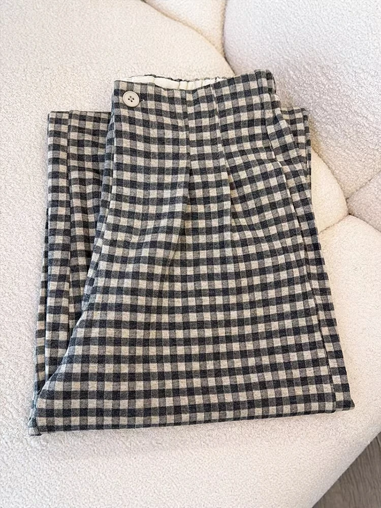 

High Waist Plaid Casual Pants Women's Spring Autumn New Style plus Size Hiding Hip Slimming Drapey Wide Leg Trousers