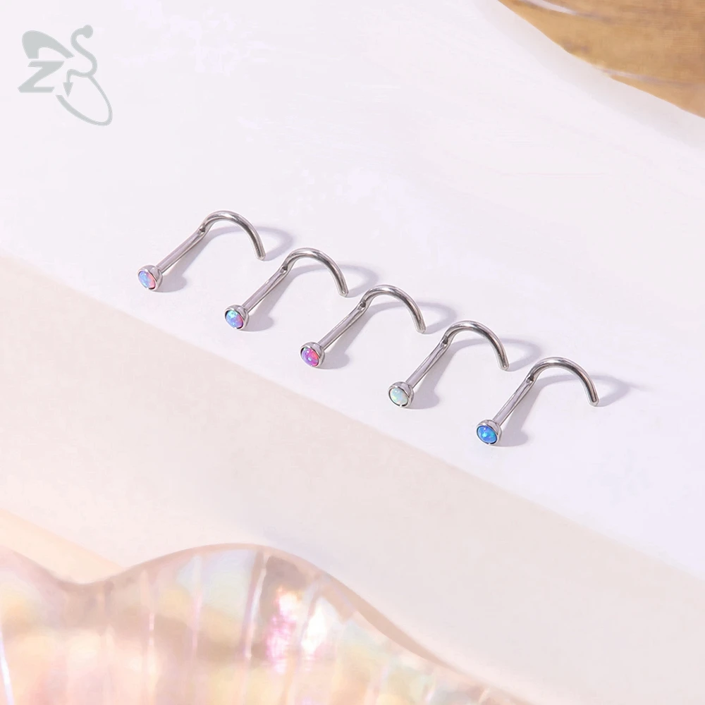 ZS 3-5pcs/lot Stainless Steel Nose Piercing Set Colorful Opal Nose Studs Retainer Pin L Shape 2MM Nostril Piercing Jewelry 20g