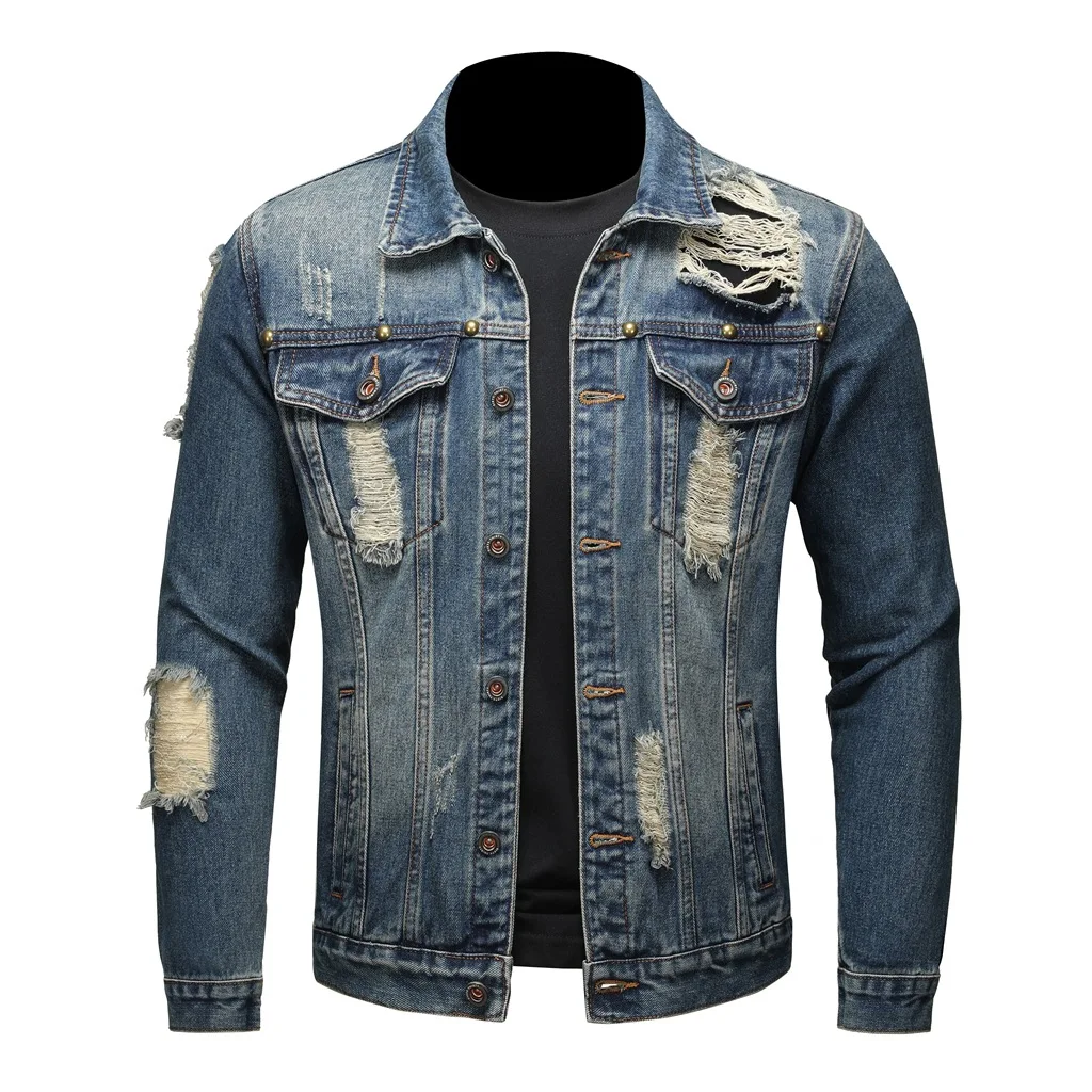 

Men Distressed Denim Jacket Trendy Handsome High Sense Versatile Top Blue Color Vintage Retro Style Metal Buttons Rivets