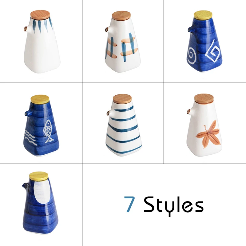 Hand-painted Ceramic Soy Sauce Bottle 220ML Vinegar Cruet Japanese Porcelain Oil Bottle Organic Kitchen Food Seasoning Dispenser