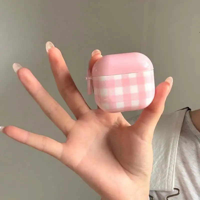 

Korean Cute Pink Plaid Pattern Earphone Case For Apple Airpods Pro 2 3 4 Protective Cover IMD Silicone Headphone Cases For Airpo