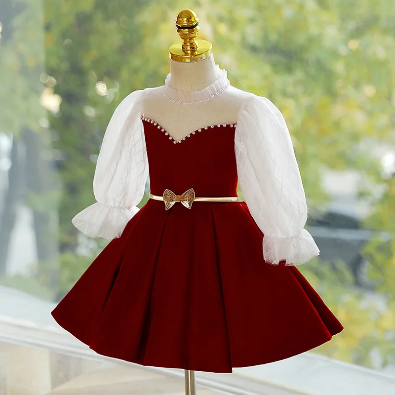 Niemowlę dziewczynka księżniczka złoty aksamit perłowa sukienka bufiasty rękaw niemowlę maluch dziecko kokarda pas Vestido świąteczne ubrania dla dzieci 1-12Y — zdjęcie 3