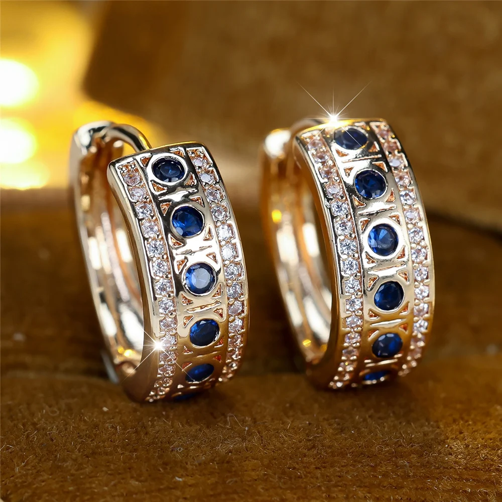 Trendy Crystal Blue Zircon Round Hoop Earrings For Women Vintage Gold Color Wedding Jewelry
