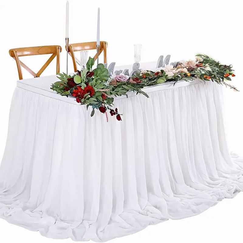 White Table Skirts Chiffon Semi-Sheer Tablecloths for Backyard Weddings Birthday Party Baby Shower Cake Dinner Table Decorations