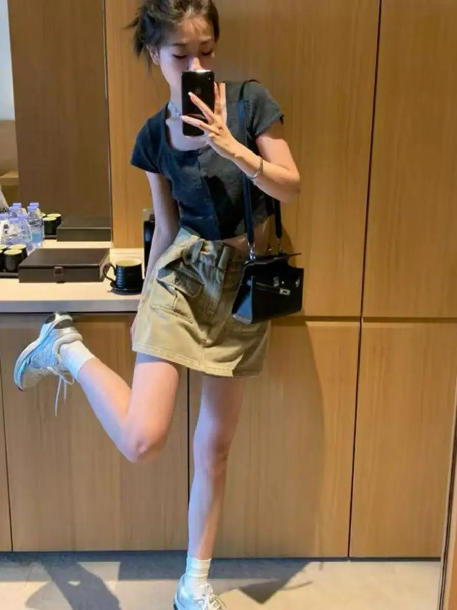 High Waist Short Denim Skirt Women's Slimming Sexy Pocket Anti-Light Half Body Skirt Dongda Gate American Style Casual Travel