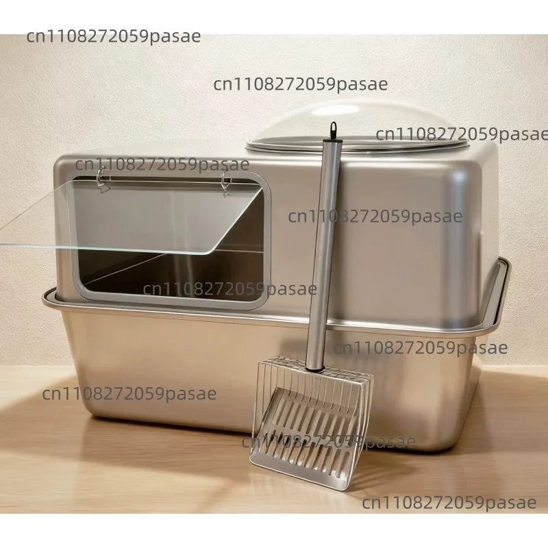 All-Stainless Steel Enclosed Litter Box, Extra-Large Glass “Space Capsule” Box with Splash Guard and Anti-Scatter Design