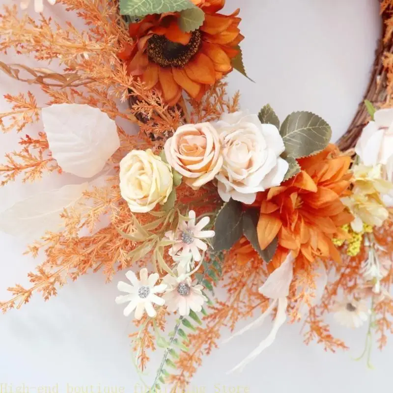 

L9NB Portable Fall Floral Hoop Rose Sunflowers Wreath for Front Door and Wall Decors