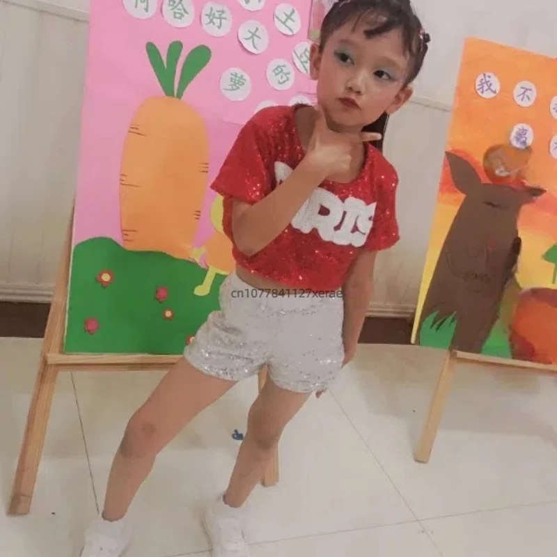 Traje de dança jazz infantil, calças com lantejoulas e meias, conjunto de torcida, hip-hop, performance, meninas, dança de rua