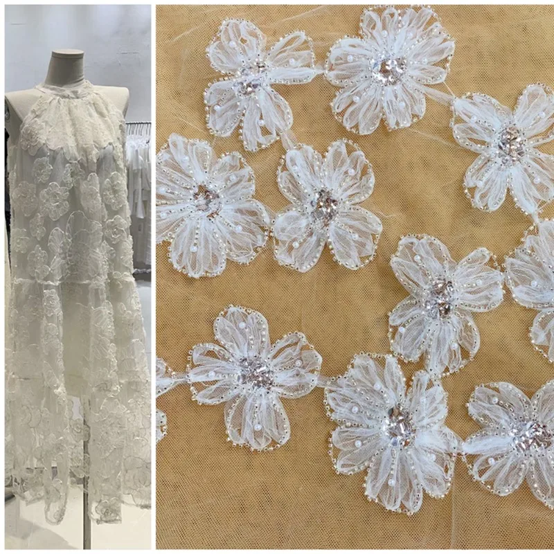 Heavy Beaded Lace Fabric Floral Ribbon Flower Embroidery Tulle Veil Trim Sewing Accessories Set