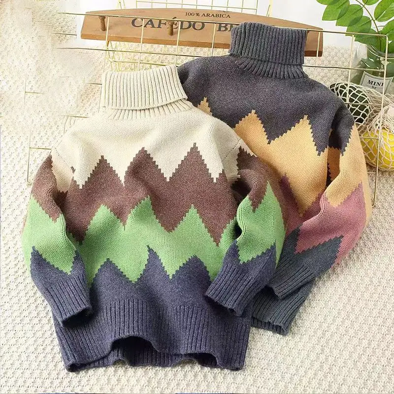 

Boys Sweaters Thickened Autumn/Winter New Fashionable Children's Knitted Sweaters Boys Tops Baby Turtleneck 4 6 8 10 12 14 Years
