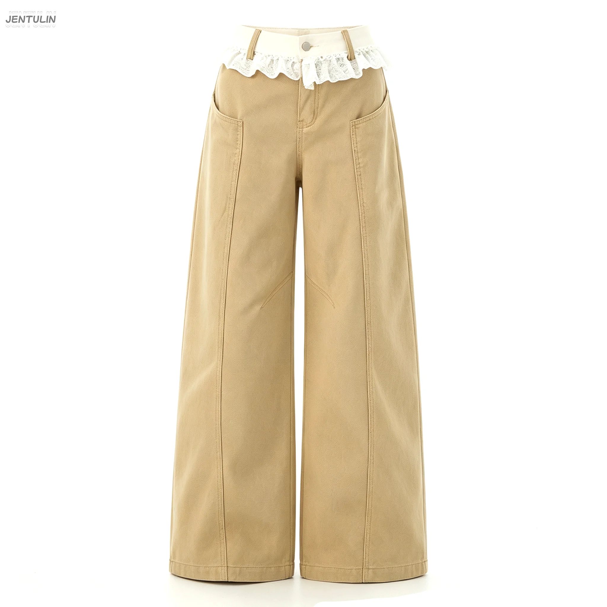Y2K High Waist Wide Leg Cargo Pants With Lace Ruffle Waistband Loose Straight Trousers Streetwear Daily Fall Winter Bottoms