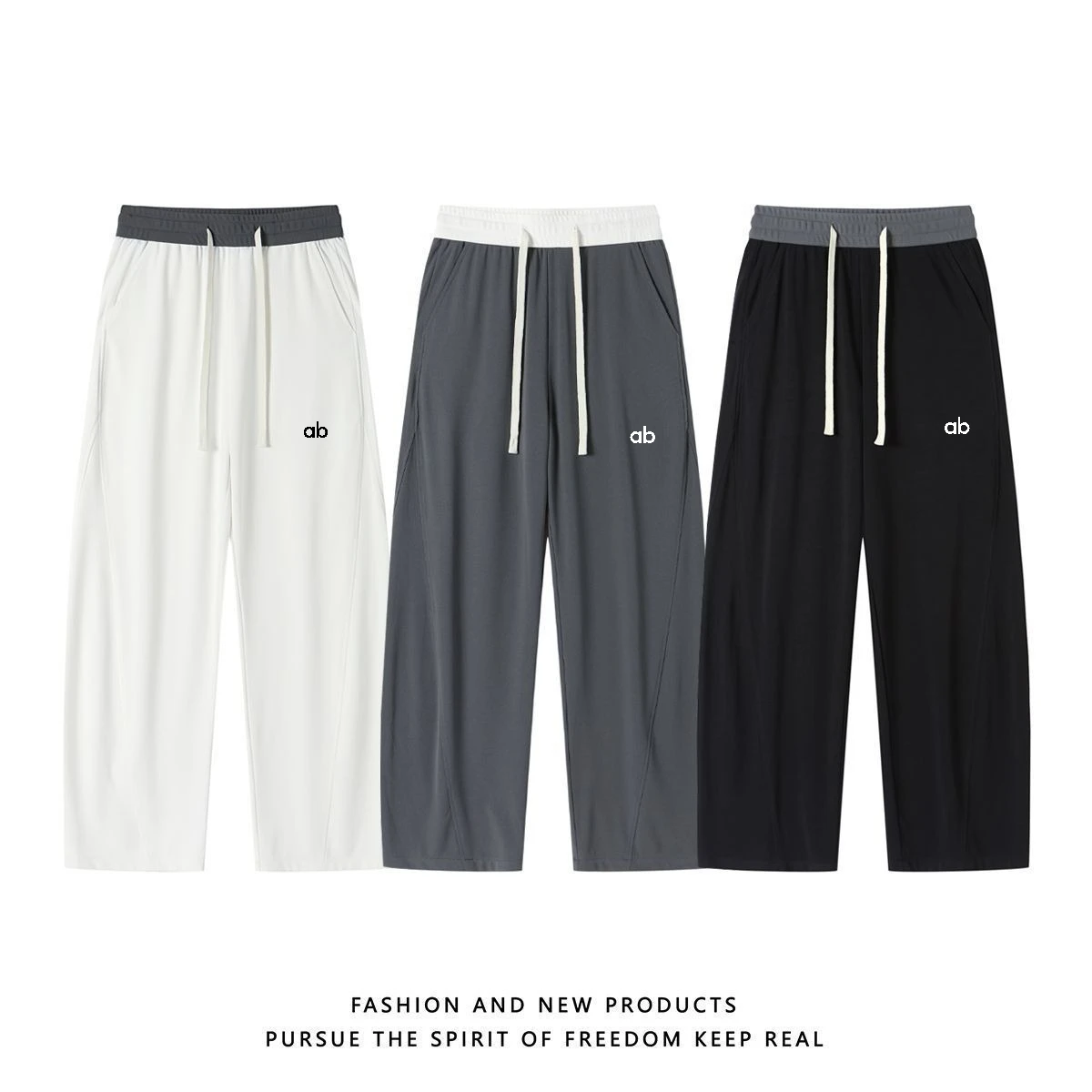 Men 2026 Summer Thin Straight Pants Color‑Block Drawstring Waist Quick‑Dry Drape Casual Versatile Long Trousers