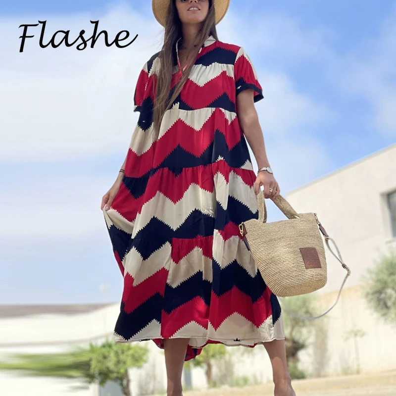 

Summer Maxi Dresses For Women V Neck Short Sleeve Loose Beach Party Dress Women Casual Long Dress Boho