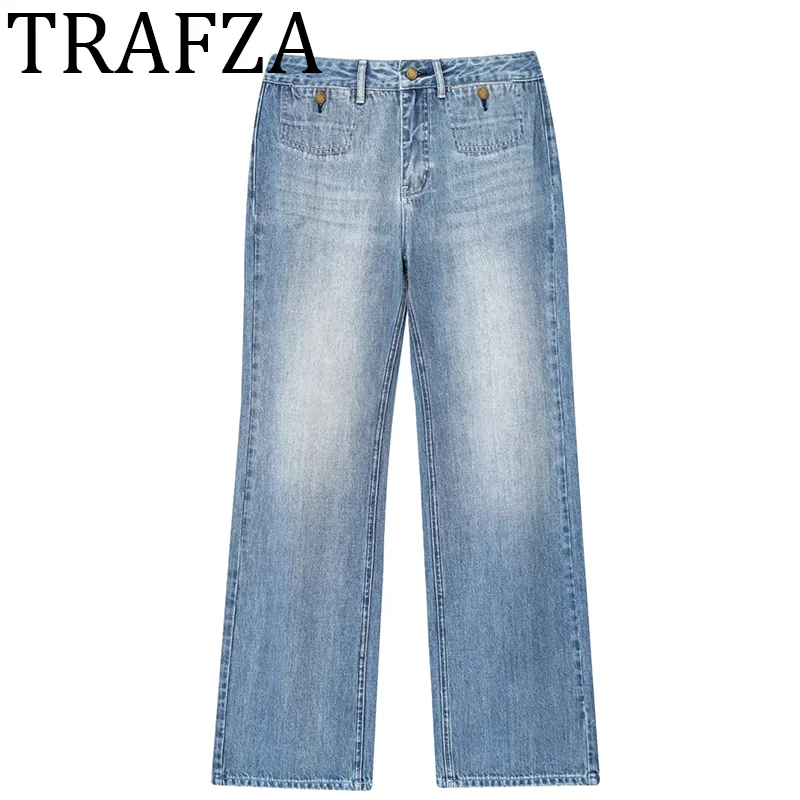 

TRAFZA Special Mid-Rise Washed Effect Wide Leg Jeans for Woman Front Pockets With Snap Button Women's Pants High Quality Clothes