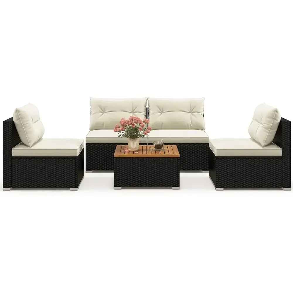 5-Piece Outdoor Rattan Sofa Set with Cushions, Square Coffee Table, Suitable for Patio, Backyard, and Poolside