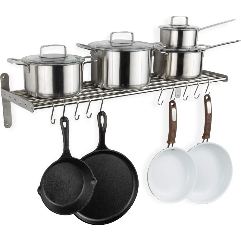 Wallniture Lyon Kitchen Organization and Storage Rack,Stainless Steel Metal Wall Shelf with 10 S Hooks for Hanging Pots and Pans