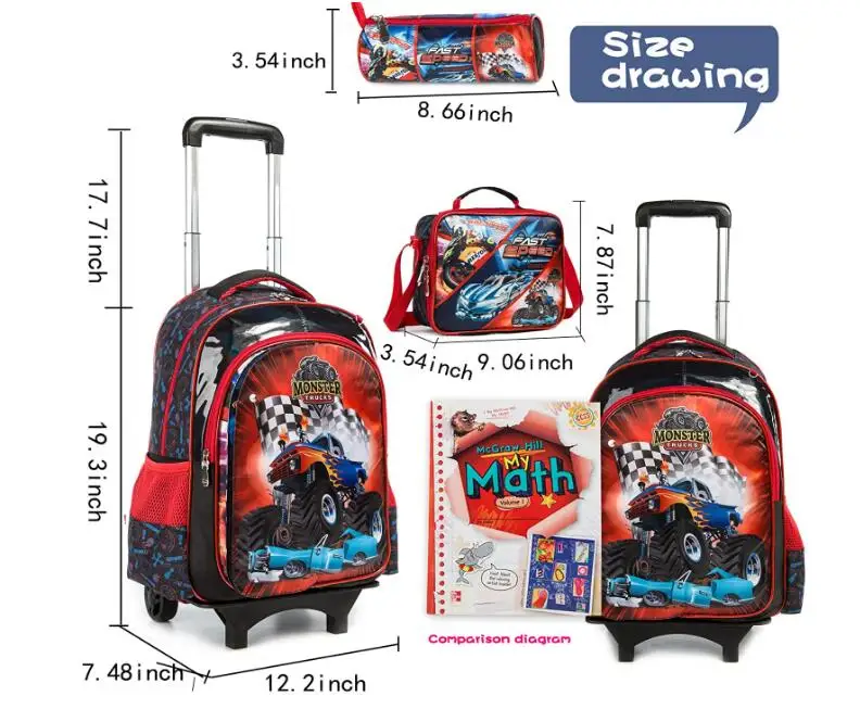 Kids School Trolley Bags with lunch bag 16 Inch 3 in one Wheeled Backpack for boys Rolling Backpack School Backpacks with wheels