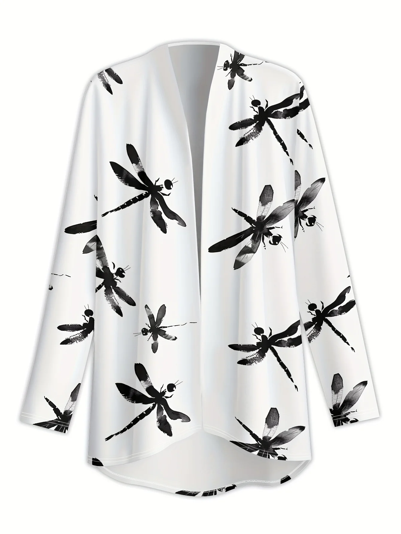 Fashion Women's Dragonfly Printed Long Sleeve Cardigan, Polyester Open Front, Lightweight Cover Up, Spring Autumn Casual Coat