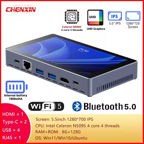 2026 5.5inch 1280*700 H55N Mini PC Win11 Win10 Ubuntu N5095 8G 128G WIFI5 BT5.0 USB3.0 RJ45 HD TYPE-C 1800mAh 12V 2.4A Pocket PC