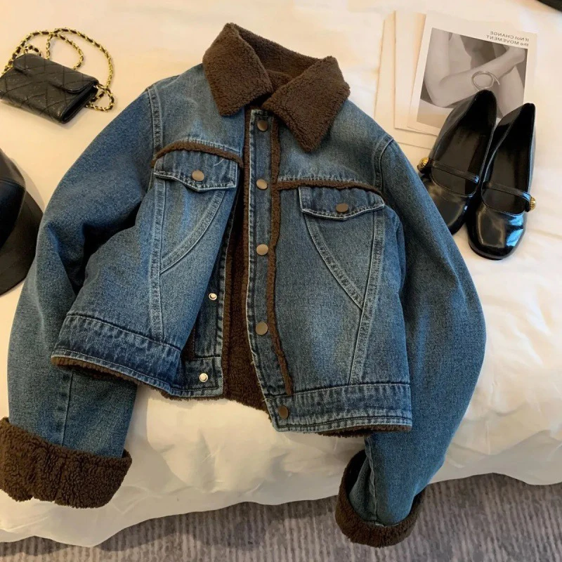 

Lamb Cashmere Denim Winter Cotton Jacket for Women New Warm Thicken Vintage Long Sleeve Coats Fashion Women's Fleece Outwear