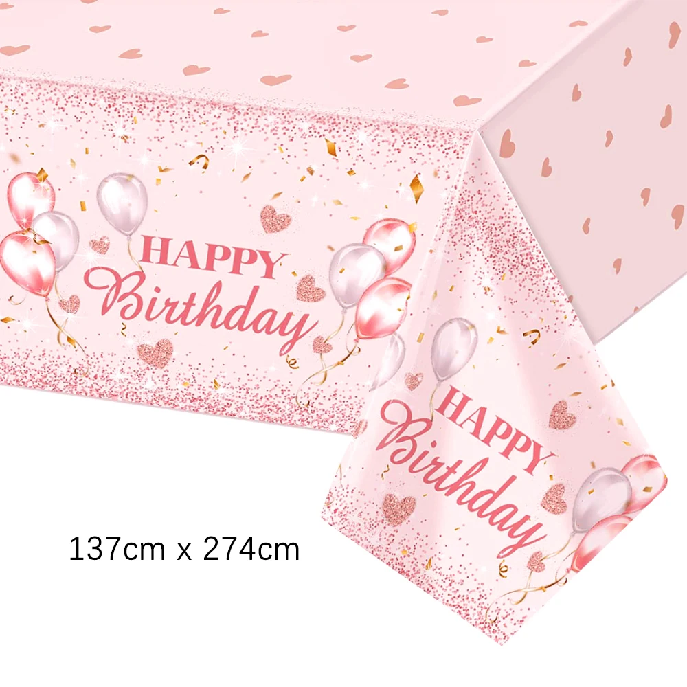 Geburtstags-Einweggeschirr-Set, rosa, goldfarben, weiße Teller, Tassen, Servietten, Tischdecke, Mädchen-Geburtstagsparty-Dekoration, Babyparty – Detail 10