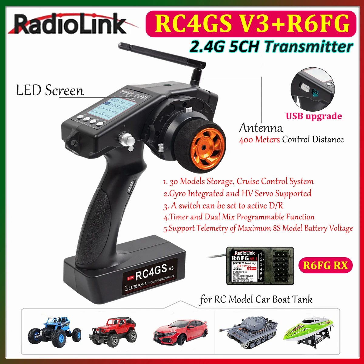 

Радиопередатчик RadioLink RC4GS V3 2.4G 5CH с гироскопическим приемником R6FG и пультом дистанционного управления для радиоуправляемых моделей автомобилей, лодок, роботов (совместим с R6F, R4FGM, R12F)