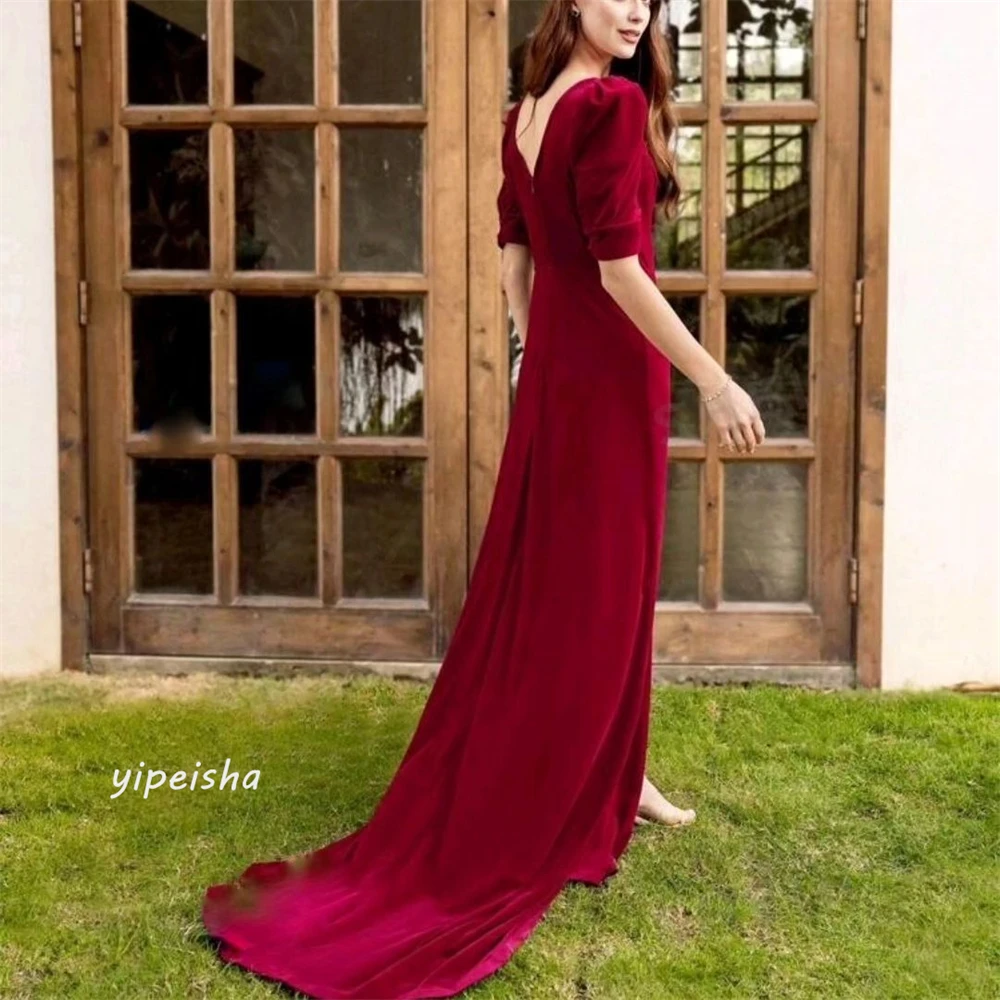 Jersey Button Draped Pleat Homecoming A-line V-Neck Bespoke Occasion Gown Long Dresses