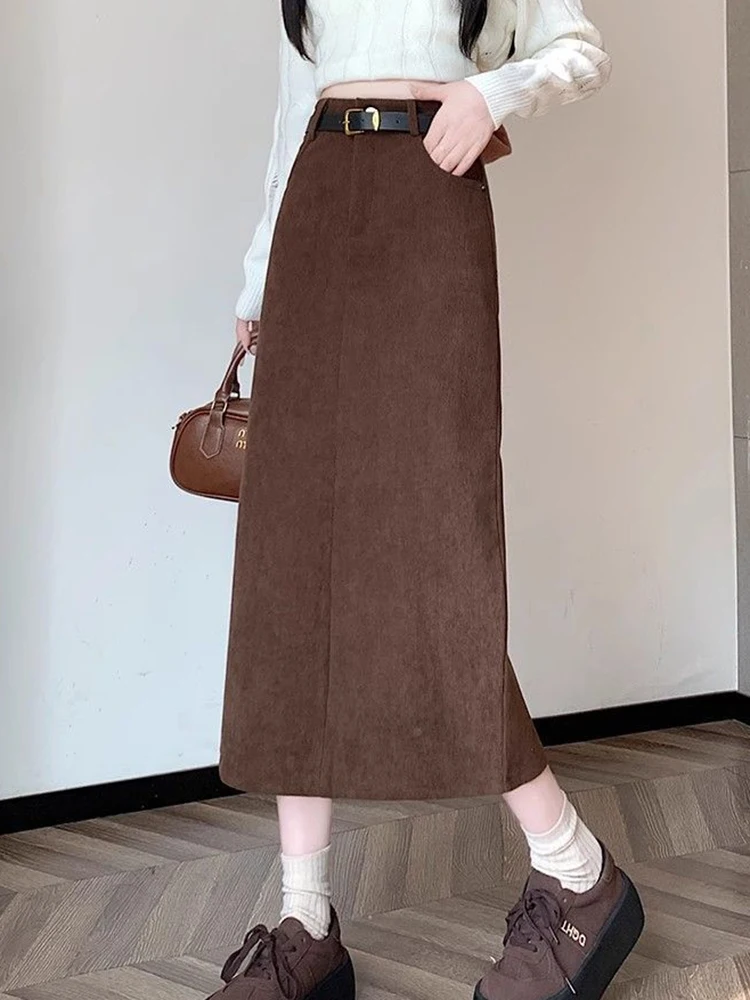 Zoki Retro Belt Red Corduroy Skirts Women High Waist Slim Sweet Midi Skirt Fall Winter Vintage Lady Elegant Slit Korean Skirts