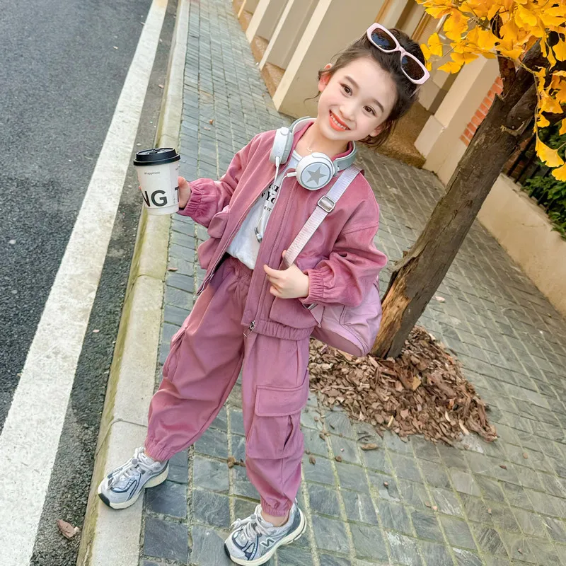 Girls Suit Autumn Solid Color Tooling Set 2024 New Foreign Fashion Children Leisure Sports Little Simple Girl 2-piece Set