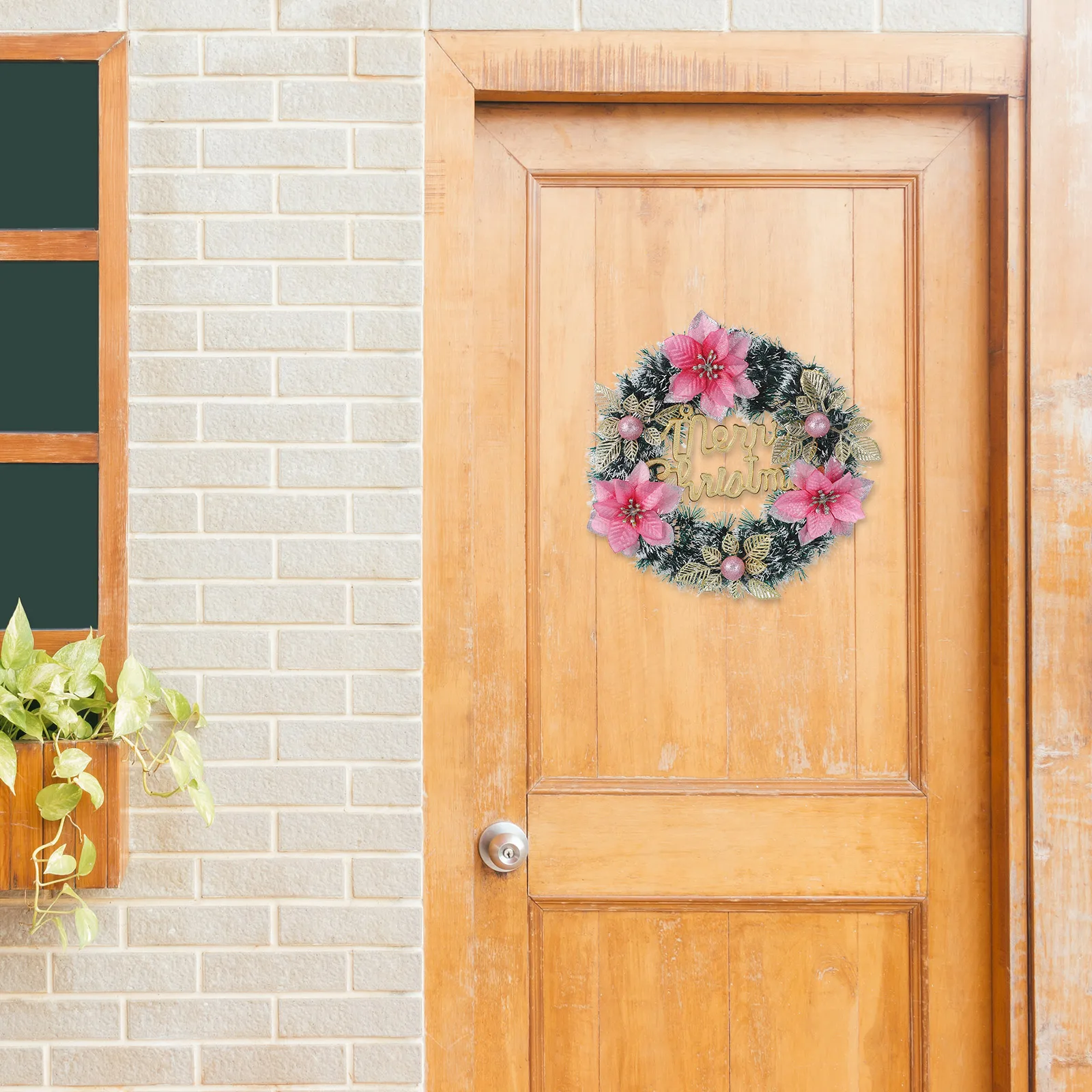 

Christmas Artificial Poinsettia Berry Wreath Front Door Holiday Hanging Porch Fireplace Window Display Holiday Wreath