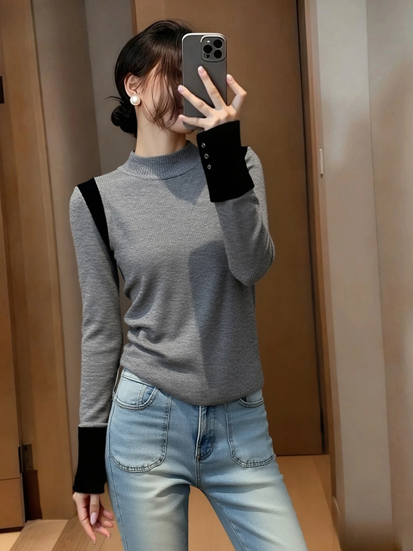 

Color Blo Long Sve Knitwear Women's Slim Fit Base Layer irt Sli Agel Top Commute Korean Sle Winter Faion