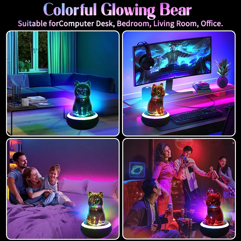 Modern Cat Design Night Light Bluetooth Speaker System 3D Rotation Feature Colorful Atmosphere Lamp for Room Decor LED Gift