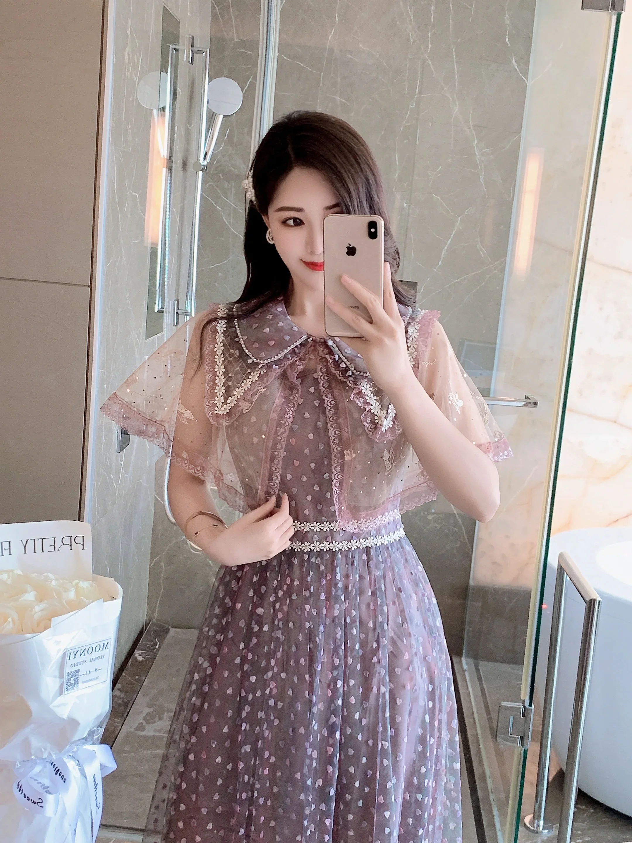 Ofallsis Heavy Industry Embroidery Mesh Ruffle Edge Dress 2024 Summer New Chic Slimming Doll Collar Retro Stunning Long Dresses