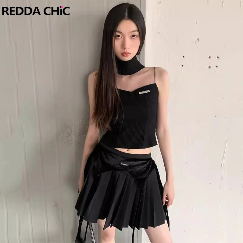 ReddaChic Retro Black Tank Top Miniskirt Women 2-piece Set Summer Turtleneck Sleeveless Vest Pleated Skirt Grunge Y2k Streetwear