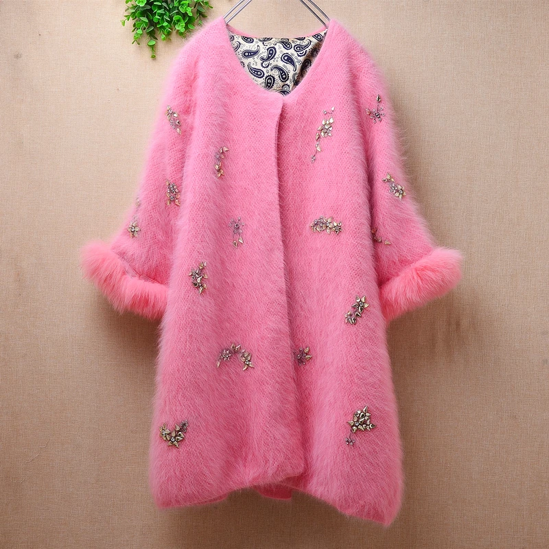 Female Women Fall Winter Sweet Pink Beading Hairy Mink Cashmere Knitted Fur Sleeves Slim Cardigan Angora Fur Jacket Sweater Pull