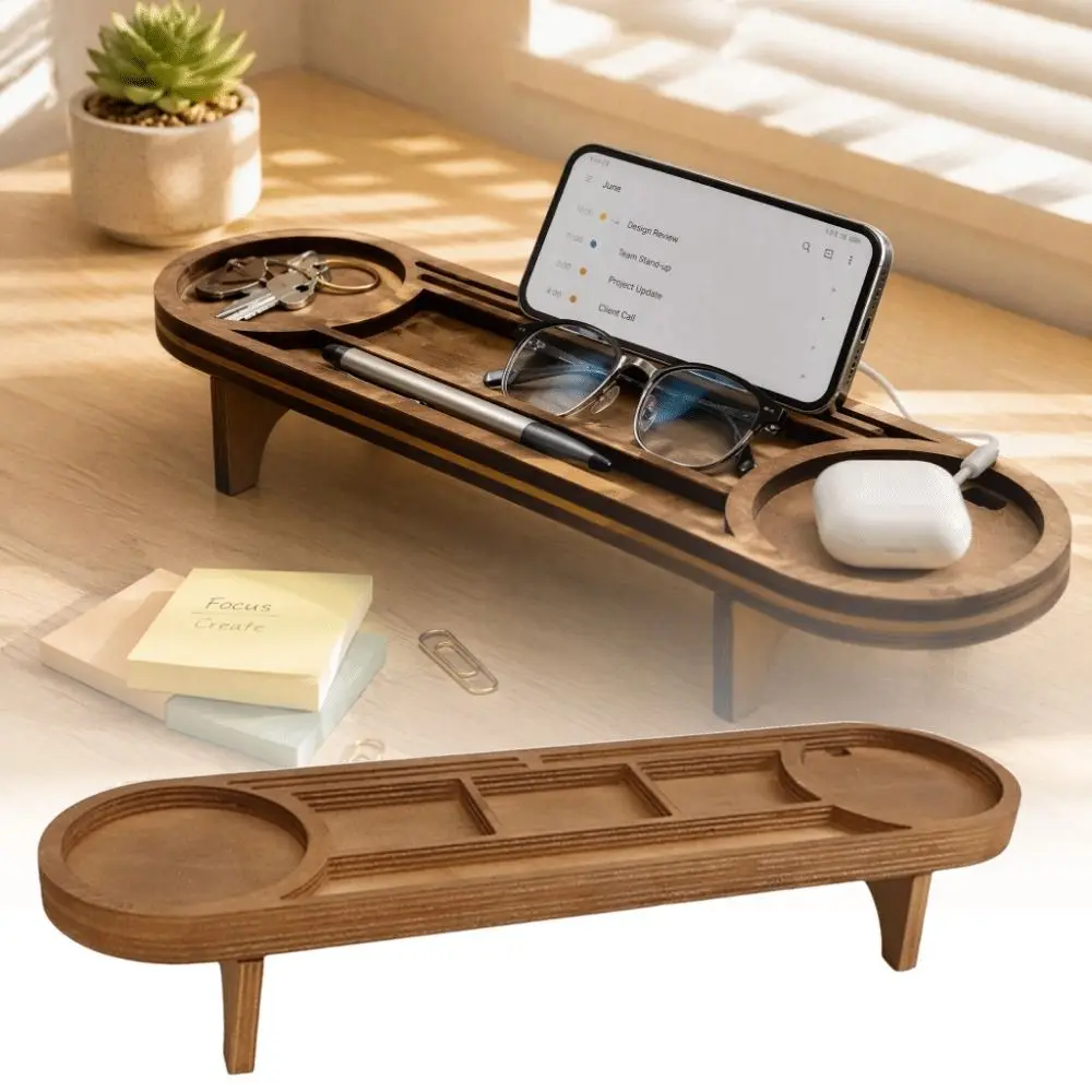 Brown Wooden Desk Organizer Wood Phone Stand Desktop Sundries Organizer Multi-Compartment Multi-Functional Desk Storage Rack