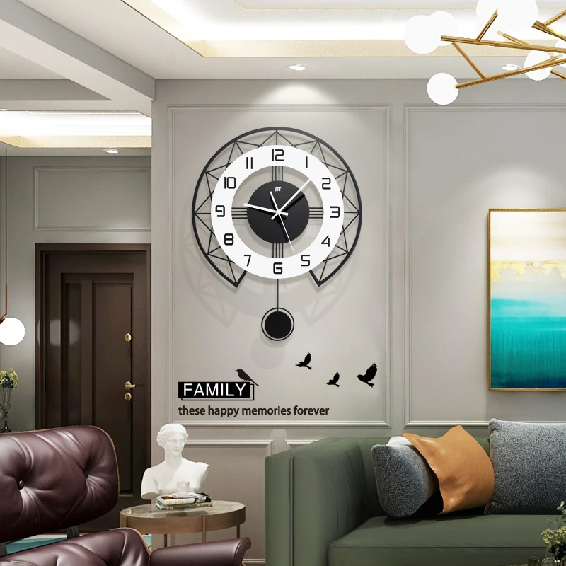 Modern Nordic 3d Wall Clocks With Pendulum Minimalist Black Metal Silent Wall Clock Living Room Restaurant Decoration Clock 50cm