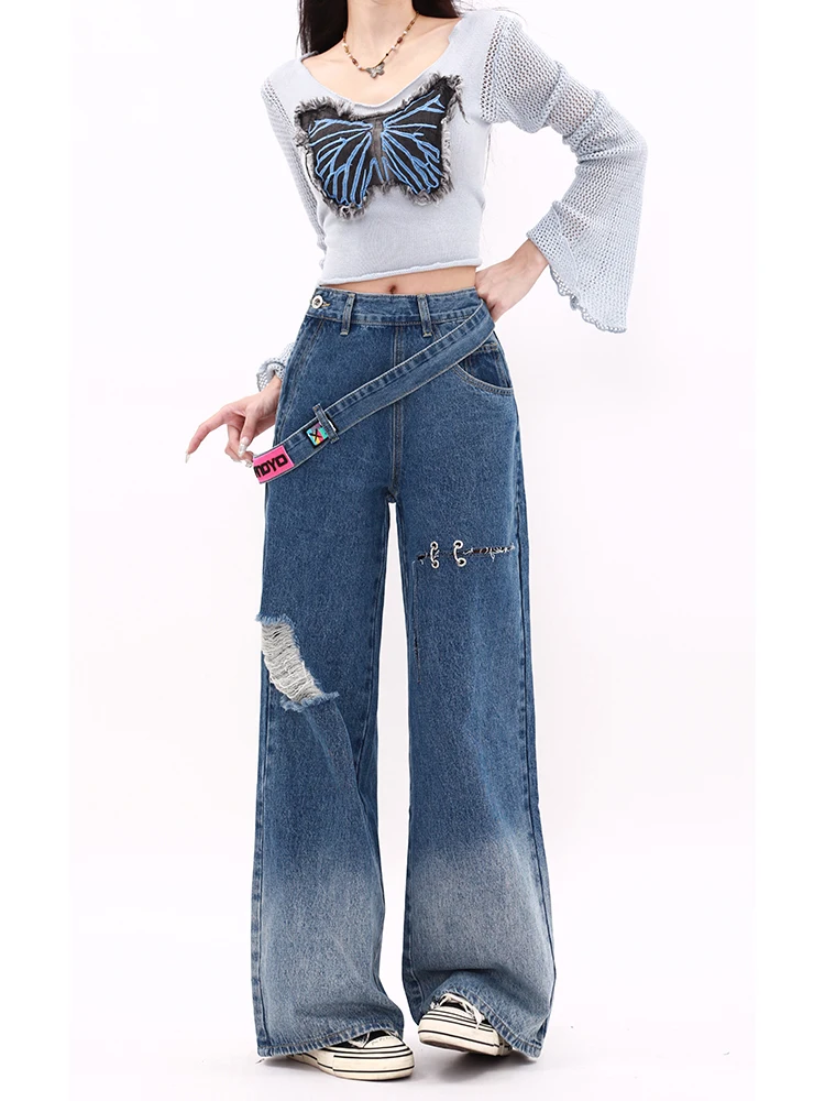Denim-Jeans mit hoher Taille und weitem Bein, Damen-Herbst-Winter-Design-Sinn, schwerer Crt-Seitenreißverschluss, zerrissene amerikanische SLE-Jeans