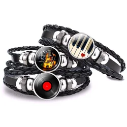 Music Notes Bracelet Vintage Violin Piano Musical Instruments Black Punk Mens Jewelry Glass Cabochon Bracelets Musician Gift